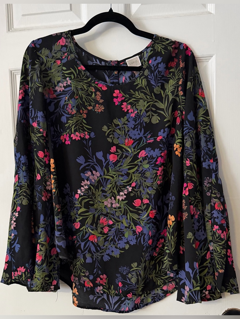 Cupio Botanical Floral Bell Sleeve Blouse Black Boho Top Size Large Cottagecore